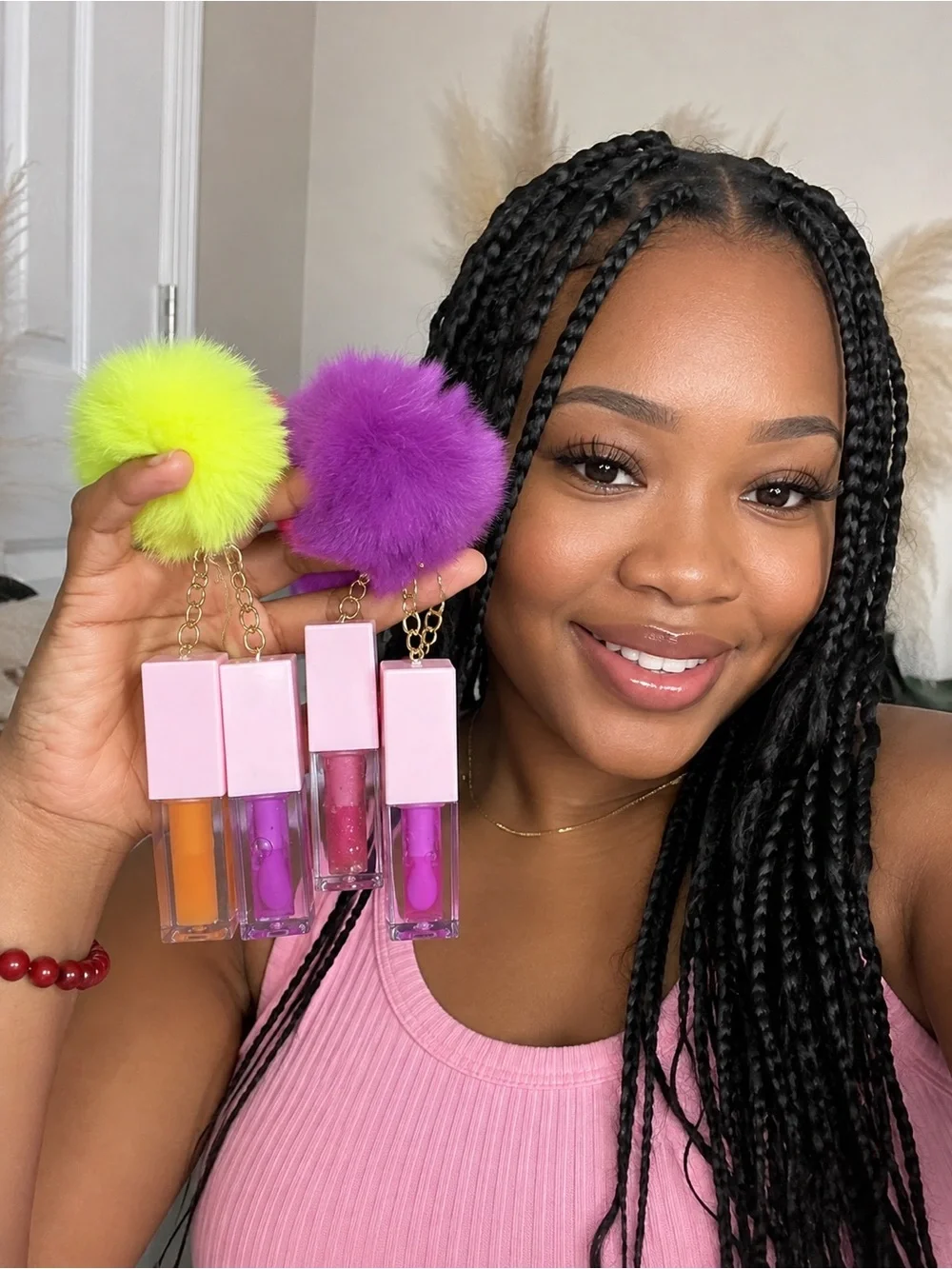 Pink Lip Gloss Trio with Pom-Pom Keychains - Vibrant Orange, Purple, Pink